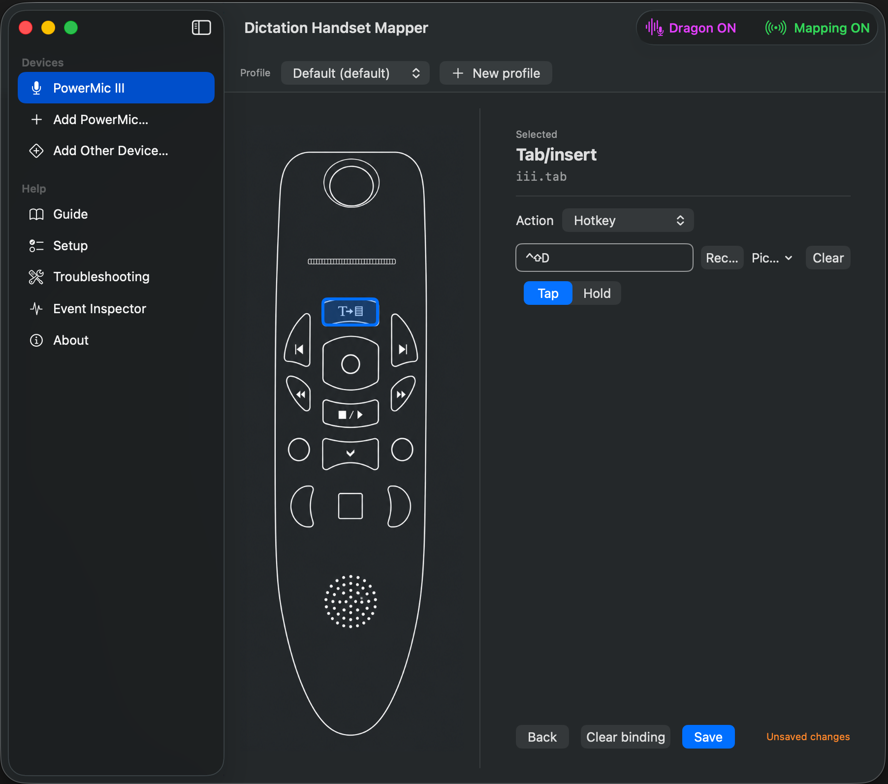 Mapping editor with a button selected and the Hotkey action editor